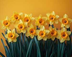 Fototapeta premium Vibrant yellow daffodils blooming against a bright orange background, showcasing spring beauty