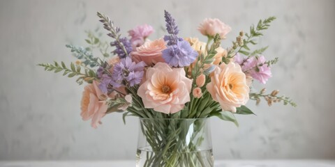 Fototapeta premium Soft pastel watercolor flower bouquet in a clear glass vase , soft colors, card, illustration