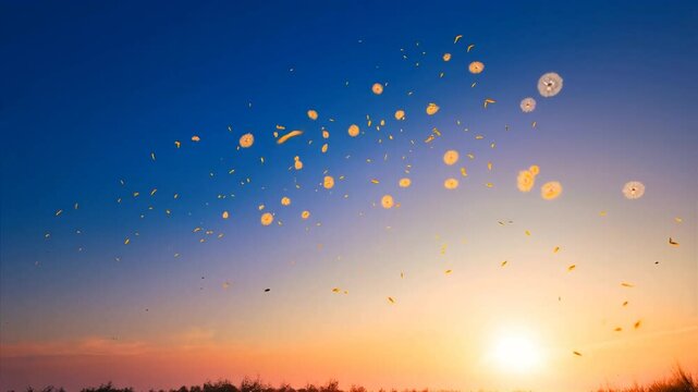 Slow-Motion Dandelion Seeds Floating in Dreamy Sunset Breeze