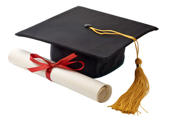 Graduation mortarboard cap with diploma scroll and red ribbon celebration concept