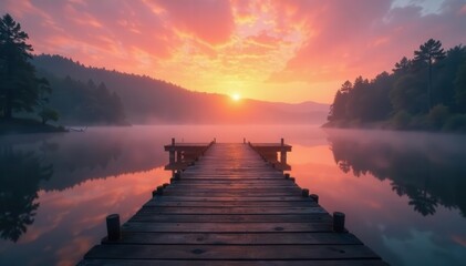 Naklejka premium Misty sunrise, ancient wooden jetty on still lake, jetty, mystical