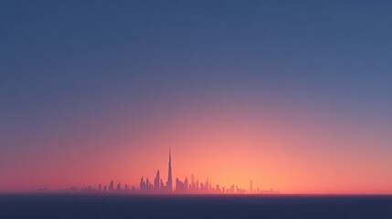 Obraz premium minimalistic skyline of dubai at dusk with desert backdrop displaying modern architecture in silhouette