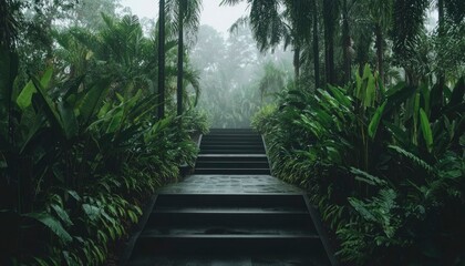 Obraz premium Stone stairs lead through lush, tropical greenery under a misty sky, creating a serene path