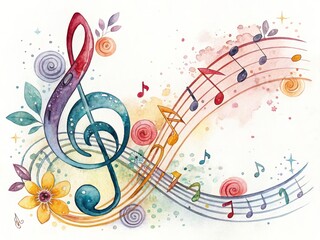 Design with musical notes and clefs in watercolor style on isolated white background
