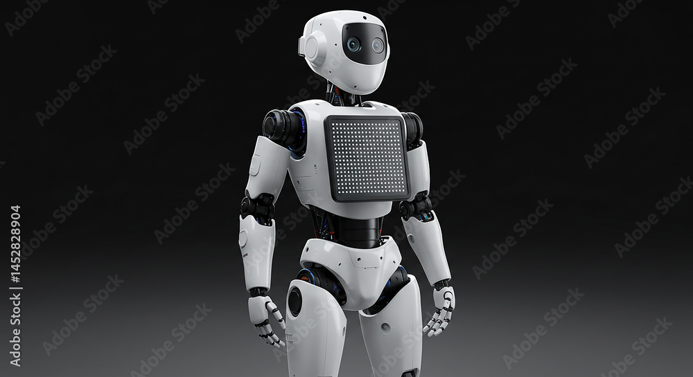 Poster white humanoid robot standing with led screen on its chest