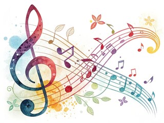 Watercolor background with musical notes treble and bass clef for creative projects