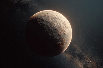 Naklejka premium An inspiring view of a mysterious planet set against the backdrop of the starry cosmos. The planet's surface is a mix of textures and tones, lit in such a way that is seems like there are craters