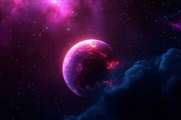 Obraz premium Glowing celestial body surrounded by clouds in a purple and pink starry nebula sky