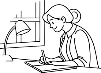 Woman Writing In A Notebook Under Desk Lamp Black And White Illustration