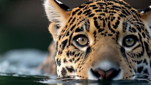 Cinematic wildlife video of a jaguar swimming stealthily across a calm river, with only its eyes and head visible above water.