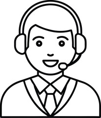 Customer Service Agent Outline Vector Illustration With Headset And Tie Uniform