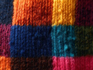 Obraz premium Colored plaid from different yarns. Knitted texture, woolen product, homework, hobbies, knitting, needlework. Close-up, background.