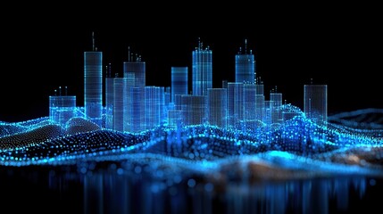 A digital-art image of a blue particle-wave landscape with a blurred city skyline on a black background.