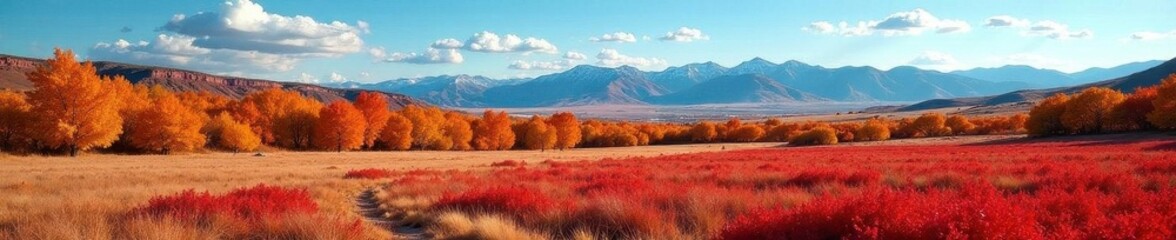 Naklejka premium Red and gold leaves blanket Colorado ranchland under blue sky, trees, ranch land