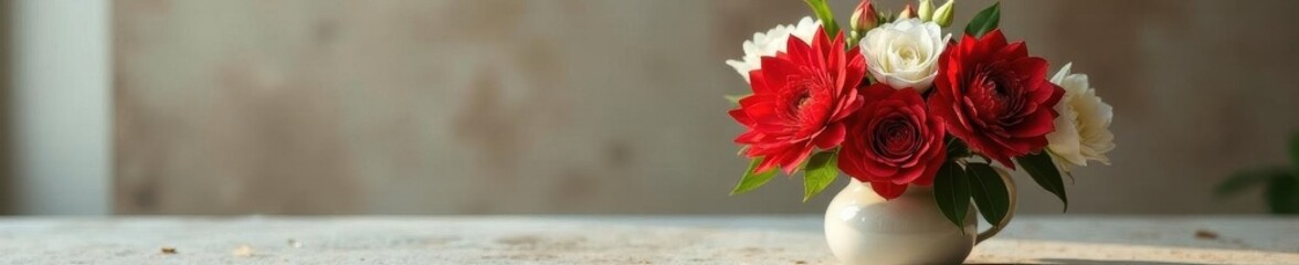 Fototapeta premium Red and white blooms in ceramic vase, tabletop setting, visual, shadow