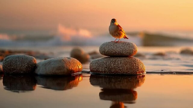 Cinematic video of a small bird perched on top of stacked smooth stones by the edge of a calm beach.