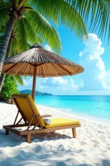 Relaxing beach chair under tropical parasol, white sand visible , azure, vacation
