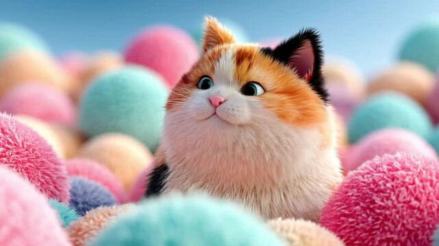 Animated video of a chubby, fluffy tricolor cat with a smug and content expression, sitting in a vibrant field of soft pastel-colored fuzzy balls.