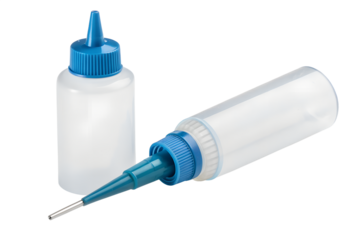 Two precision oiler bottles with needle tip applicators on black background
