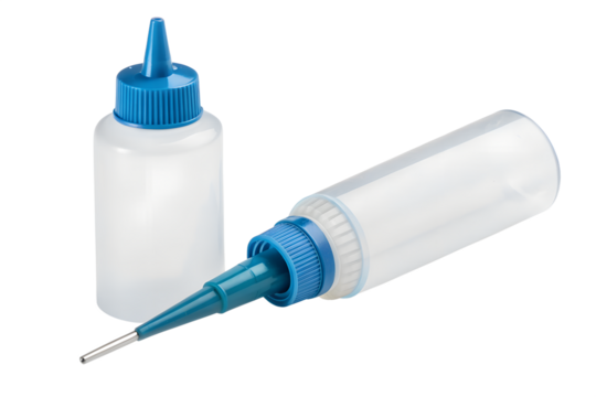 Two precision oiler bottles with needle tip applicators on black background