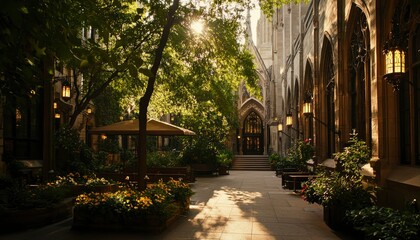 Obraz premium A sunlit courtyard next to a gothic-style building with flowers, benches, trees, and light fixtures