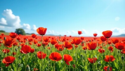 Sea of red poppies under a clear blue sky, abundant summer wildflowers , photography, botany, picture