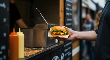 Freshly Grilled Burger Served at Street Food Market Stall
