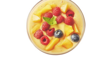 Top-down view of smoothie bowl in glass, tropical fruit topping, white background, hyper-detailed, PNG