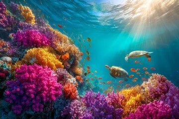 Fototapeta premium A vibrant underwater scene with coral reefs and marine life, illuminated by sunlight