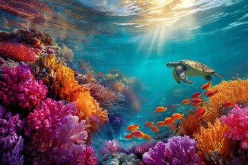Obraz premium A vivid underwater world with colorful coral reefs and sea turtle