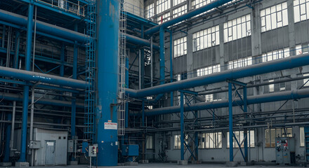 Industrial Interior With Pipes, Equipment and Blue Structural Elements