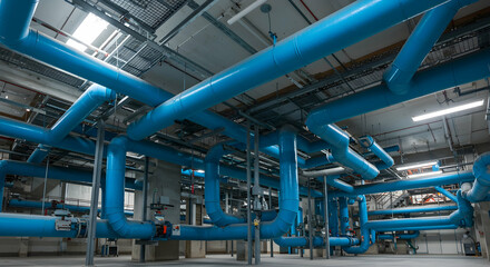Fototapeta premium Industrial Pipe System with Bright Blue Tubing in Modern Facility