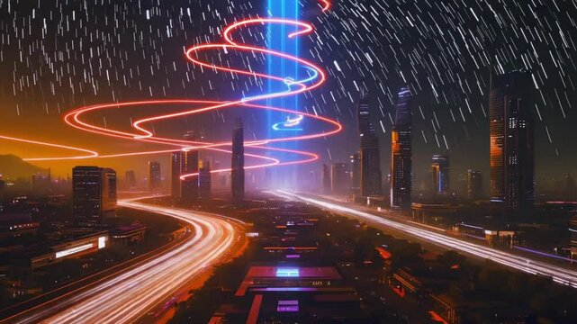 Night city skyline long exposure time-lapse, moving car light trails flowing upward sky vertical auroras, surreal atmospheric glow, futuristic, starry sky backdrop, dreamy motion mood