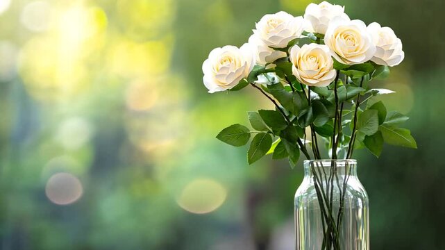 Bouquet of cream roses in a glass vase, outdoor setting, beautiful flowers, a peaceful scene, perfect for desktop backgrounds or website headers