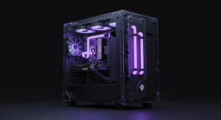 Modern desktop pc gaming rig with neon purple lights and transparent case