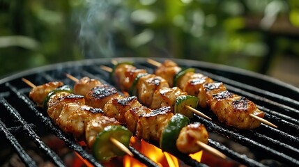 Grilled chicken skewers with green peppers on a black barbecue grill, flames below, blurred green plants in the background.