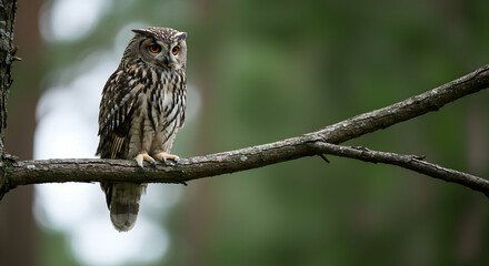 Striking Owl Perched on Branch with Lush Green Background