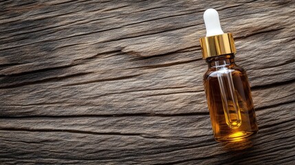 Naklejka premium Amber Essential Oil Bottle on Rustic Wood.