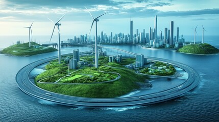 Eco-Friendly City on Islands with Wind Turbines