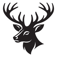 Black and white illustration, deer head silhouette, majestic antlers, minimalist design, elegant profile, stylized wildlife art, sharp contrast, vector graphic style, iconic logo design.