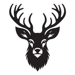Black and white illustration, deer head silhouette, majestic antlers, minimalist design, elegant profile, stylized wildlife art, sharp contrast, vector graphic style, iconic logo design.