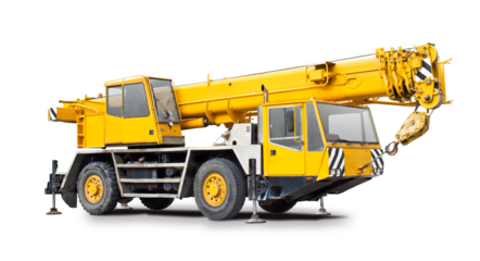 Yellow mobile crane truck side view isolated on transparent background. PNG