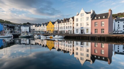 Calm harbor sunrise colorful buildings reflection boats tranquility
