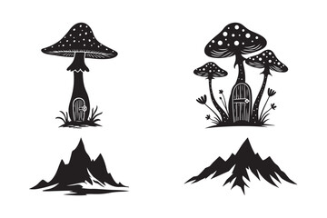 Fantasy Mushroom House and Mountain Silhouette Vector Set Whimsical Nature Clipart
