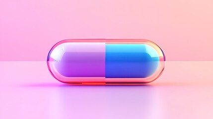Transparent capsule half purple and half blue on pink background.