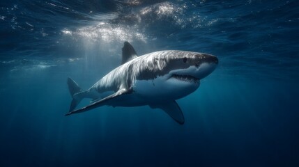 Fototapeta premium A Great White Shark gracefully glides through the deep blue ocean, illuminated by sunlight