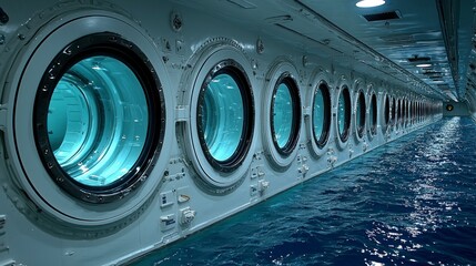 Windows line a long hall with ocean view