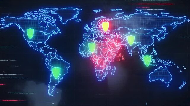 Digital world map breaking glass red malware infections occur, green glowing patches secured regions firewalls, cyberpunk aesthetic, dynamic drone-style, glitch effects data flow streams