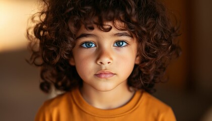 Naklejka premium Adorable child with curly brown hair and striking blue eyes looks directly at the viewer