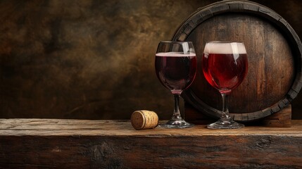 Red and white wine served on wooden planks with keg, vineyard on background, copyspace for text